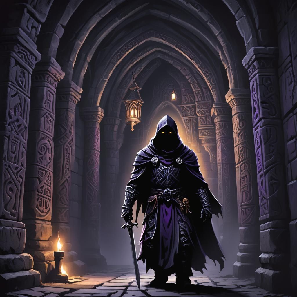 Black hooded knight dark crusader approaching runic dark crypt toombs
