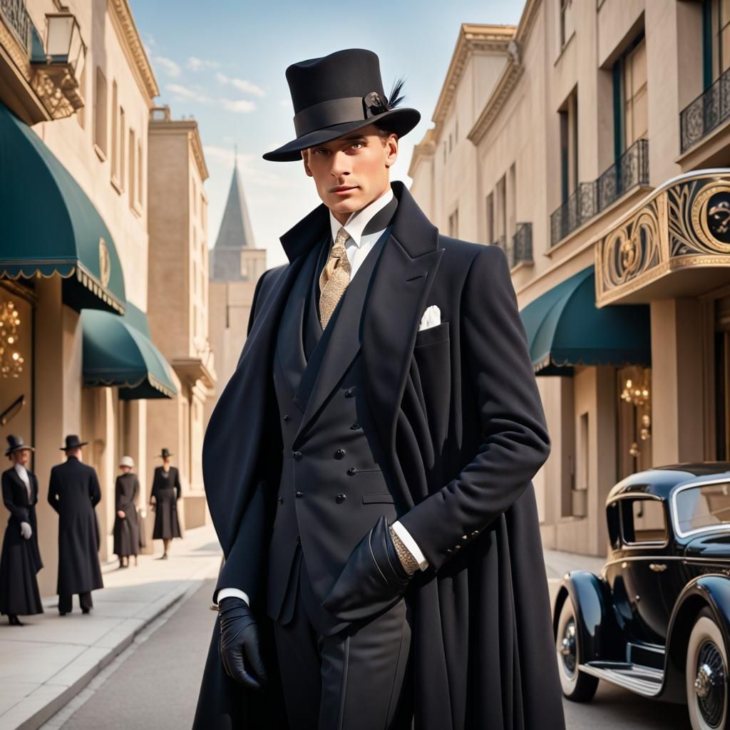 A  gentleman, strikes a confident pose in an elegant stylish art deco suit.