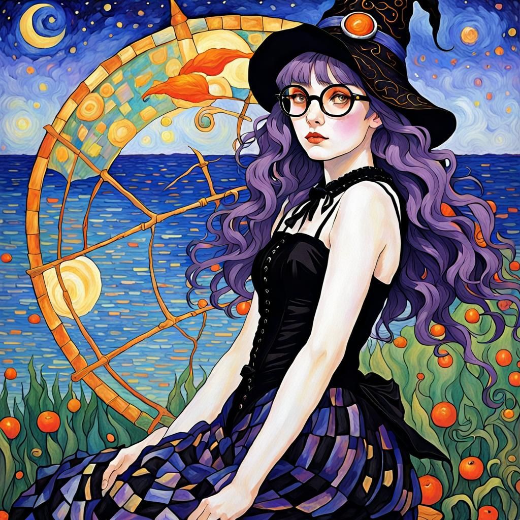 Anime Witch in Style of Klee, Klimt, and Renoir