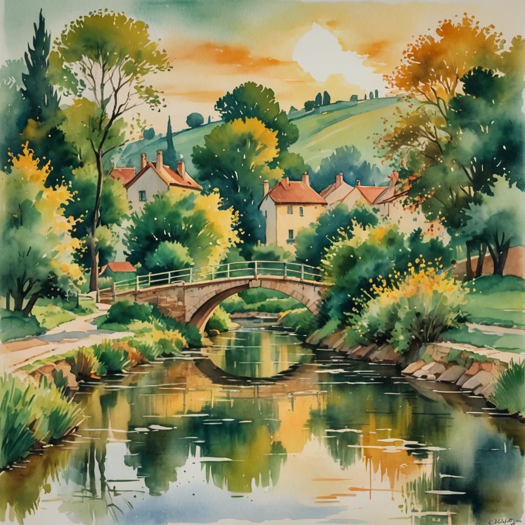 Idyllic Village Landscape in Expressionist Watercolour