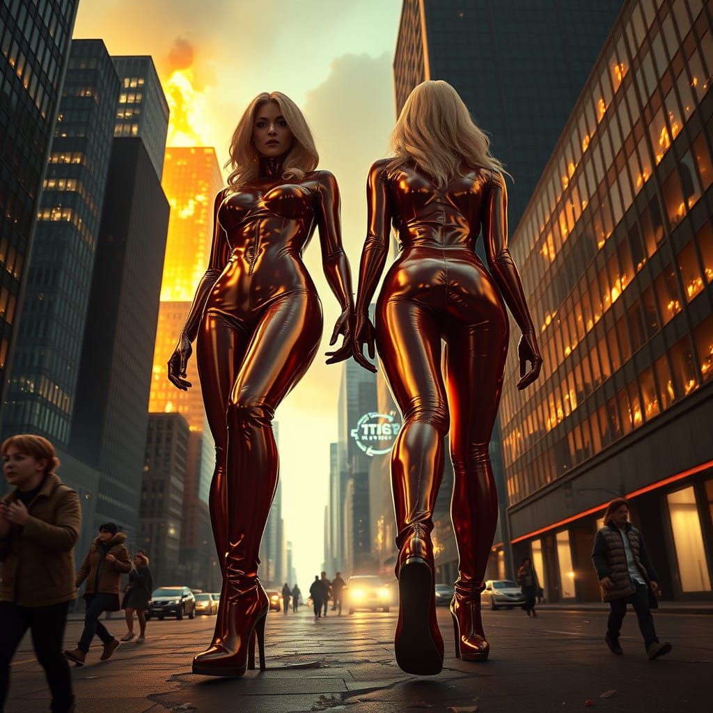 Gigantic Blonde Latex Dominatrixes Rampage City in High Heel...