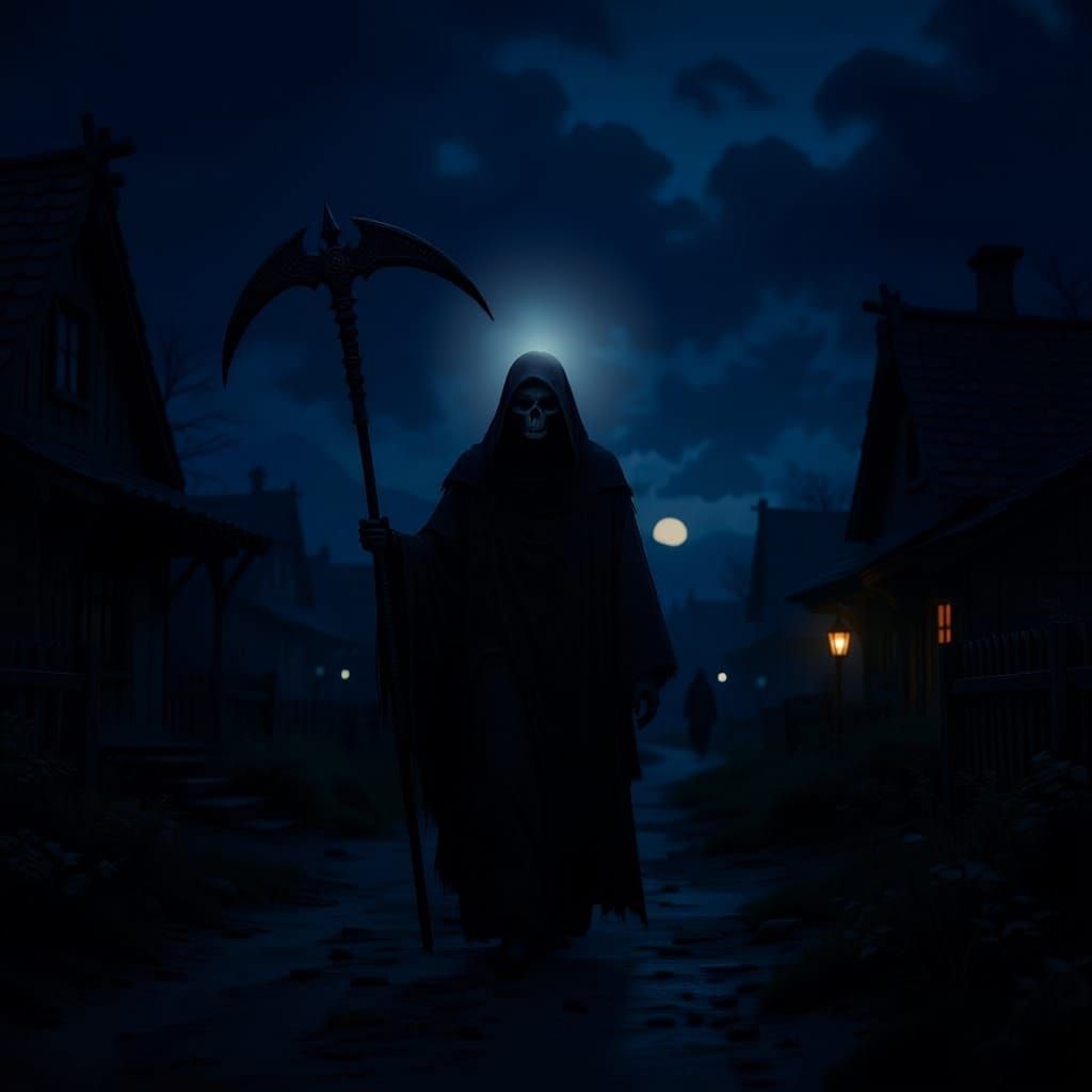 Grim Reaper Walks Through Village in Concept Art Style