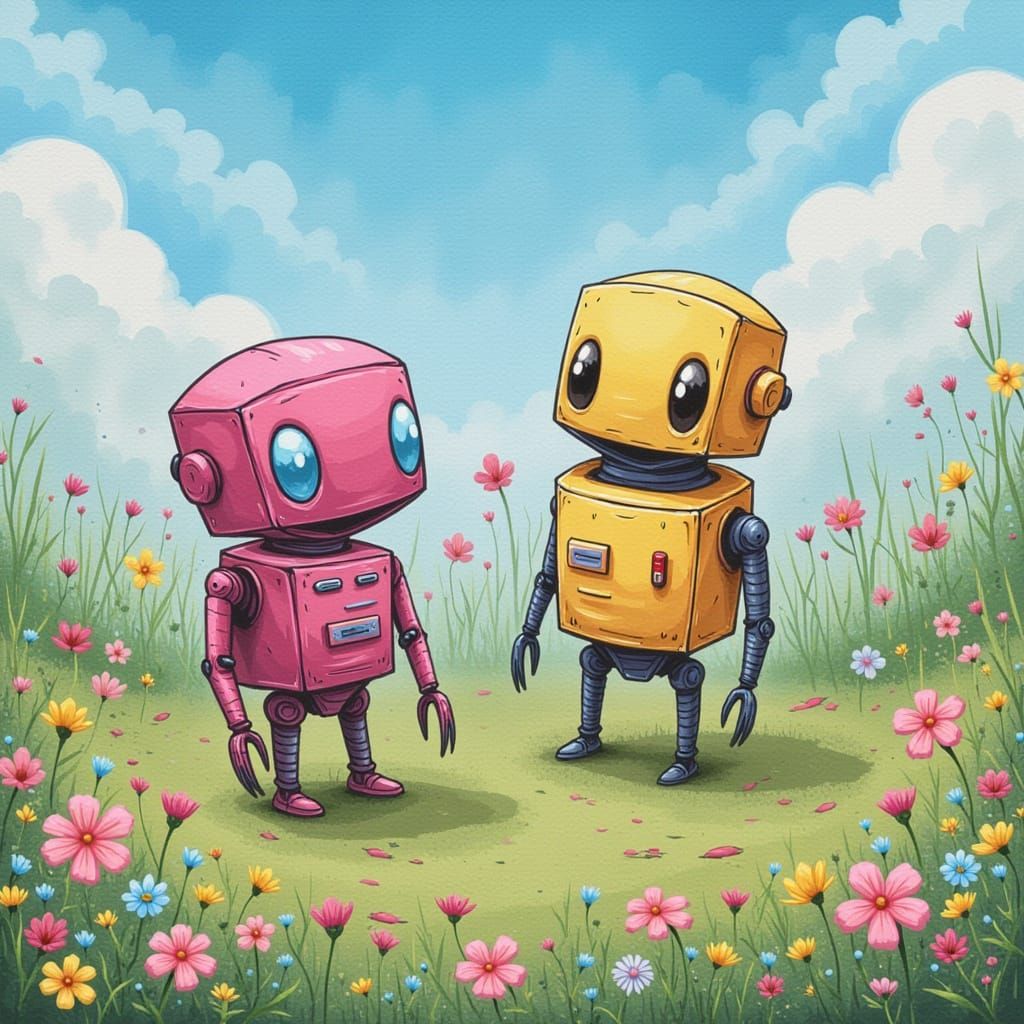 Cute Robots in a Flower Garden