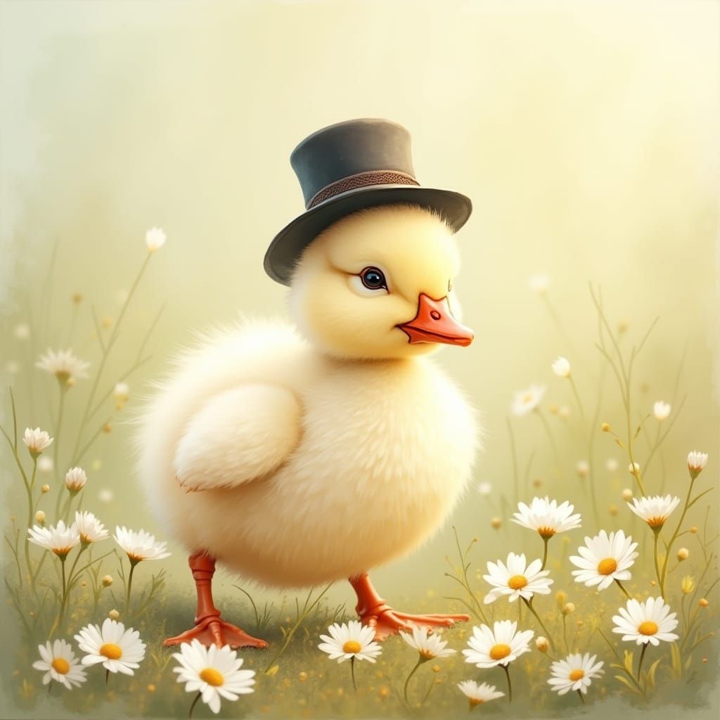 Duckling in Top Hat: A Whimsical Watercolor