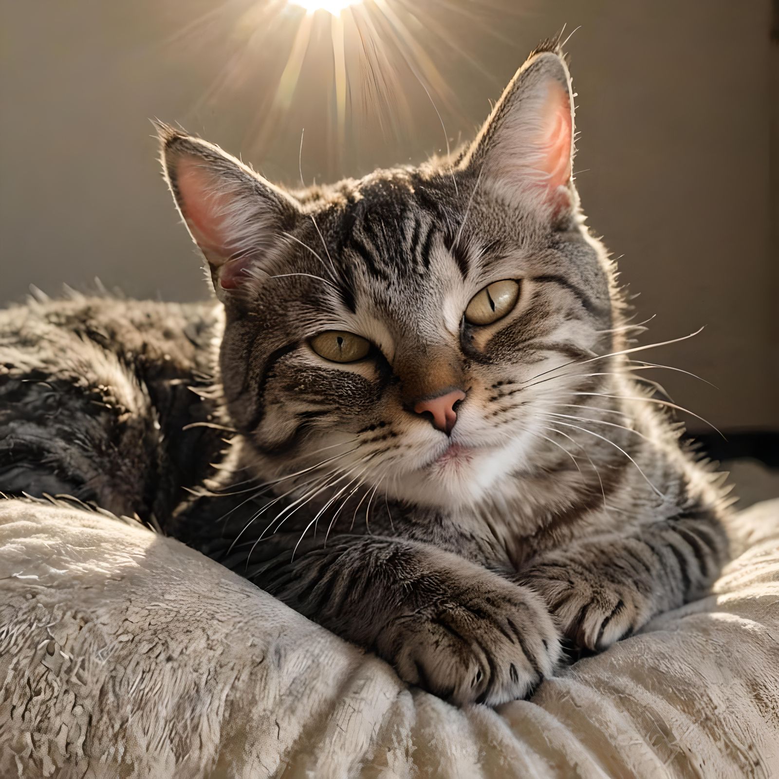 Smiling Tabby Cat Sleeping in Sunbeam