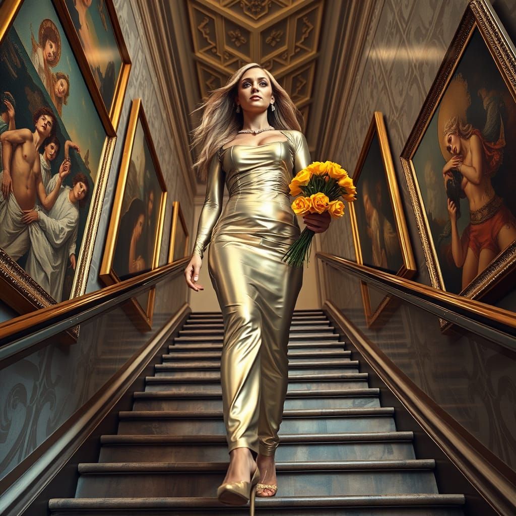 Powerful Woman in Gold and Silver Latex, Museum Setting