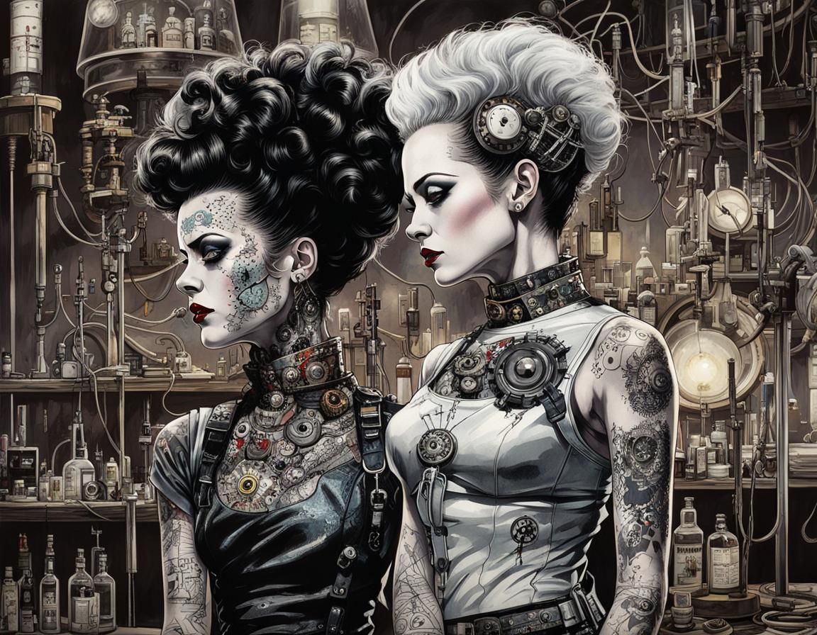 Splatterpunk Cyborg Bride of Frankenstein with Tesla Coils