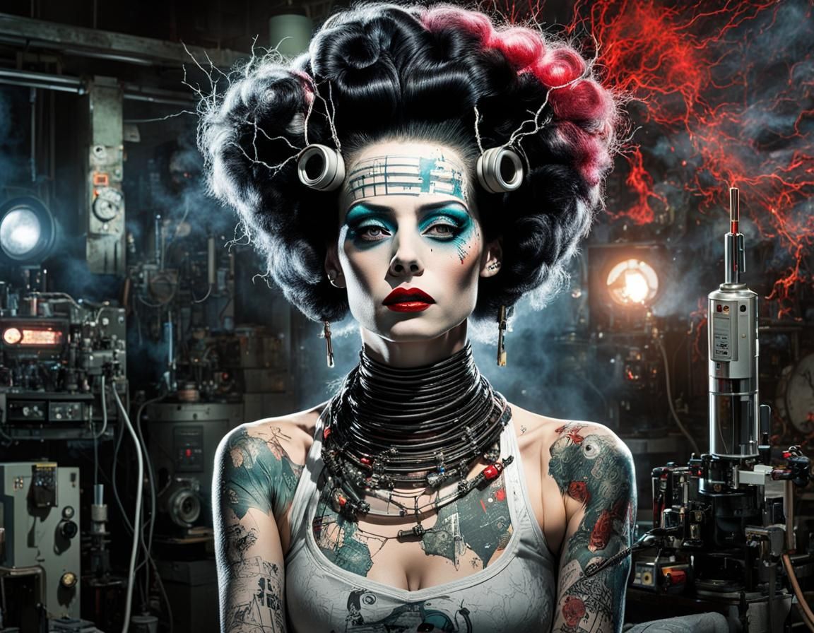 Splatterpunk Cyborg Bride of Frankenstein in Laboratory