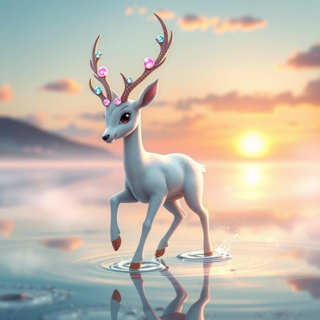 Whimsical White Deer Glides on Water, Encrusted in Luminous....