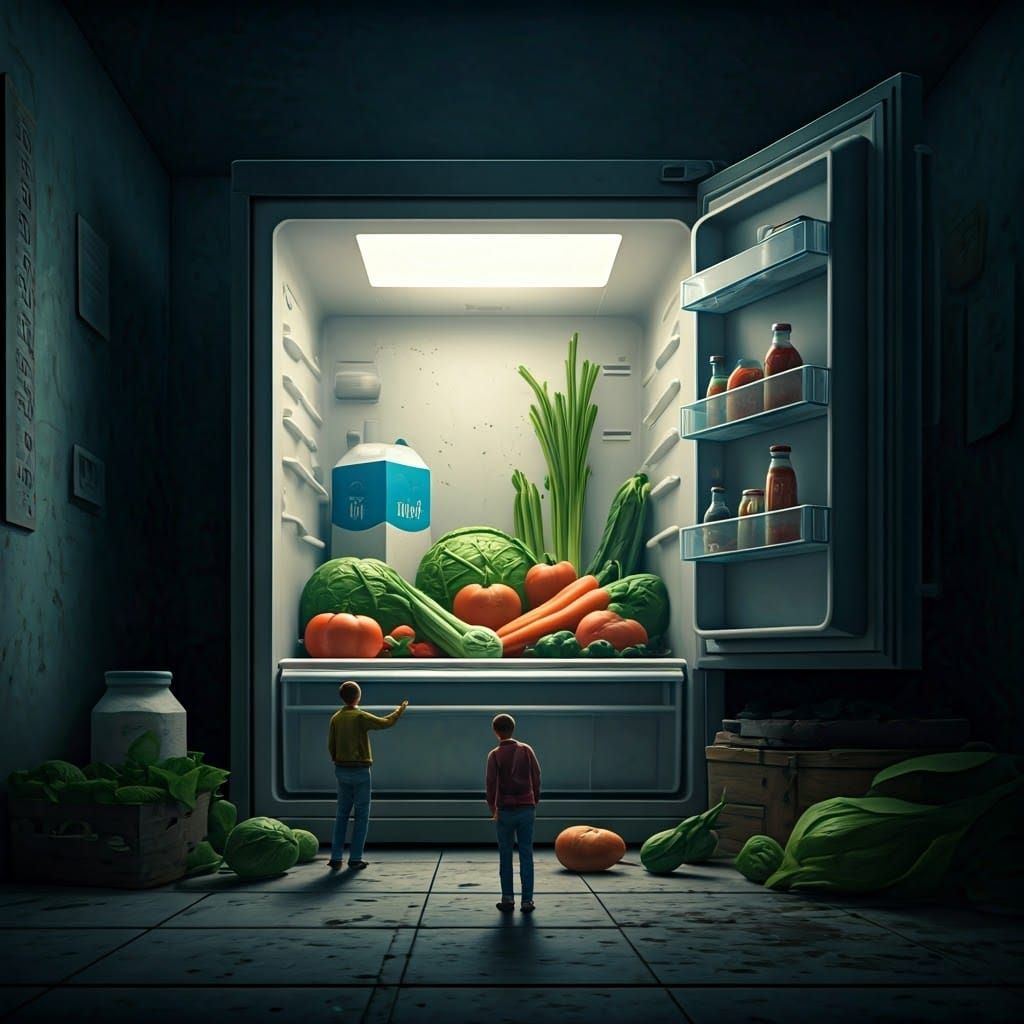 Miniature Boys Hide in Gigantic Refrigerator, Hyperrealistic...