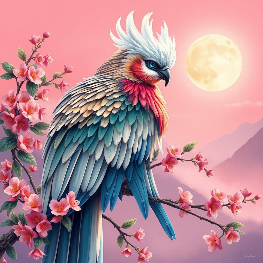 Majestic Bird on Peach Blossoms as Impasto Oil Painting