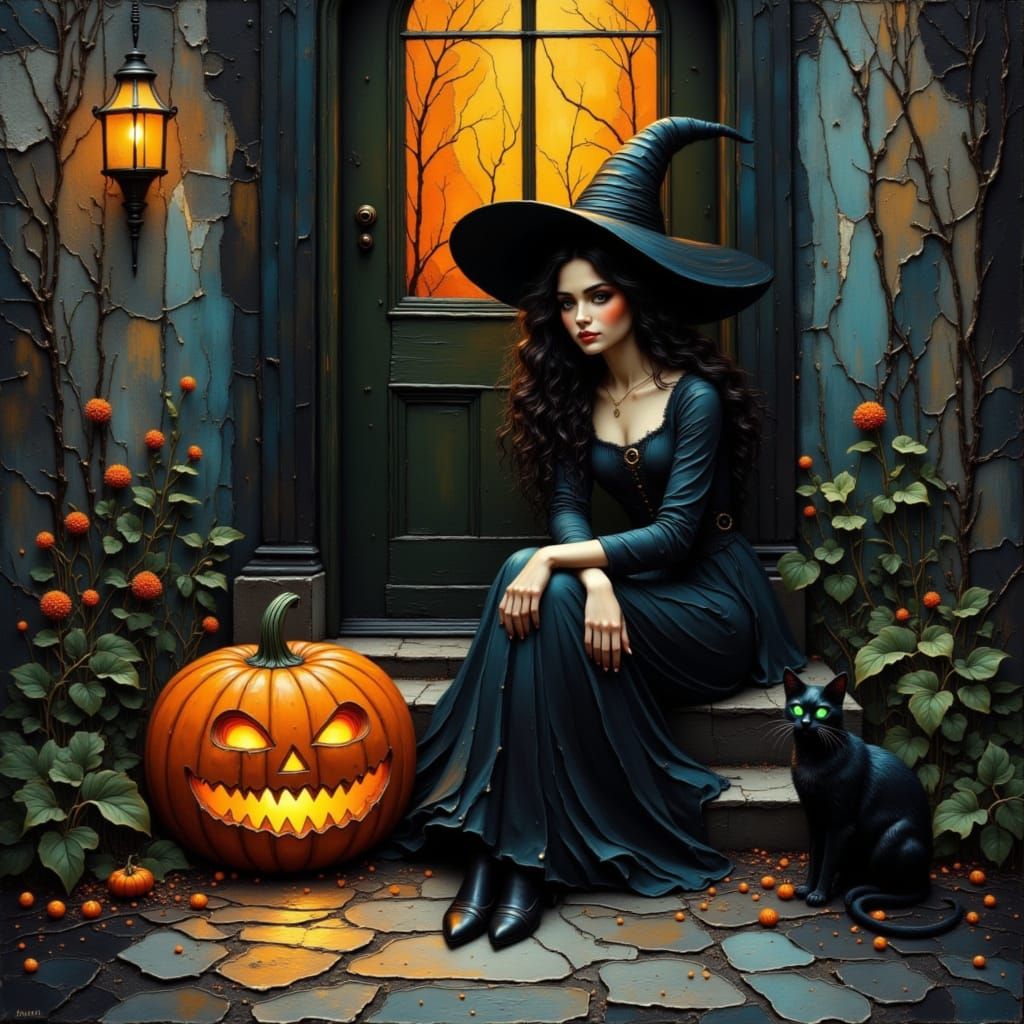 Witch with Jack-o'-Lantern on Stoop in Victorian City