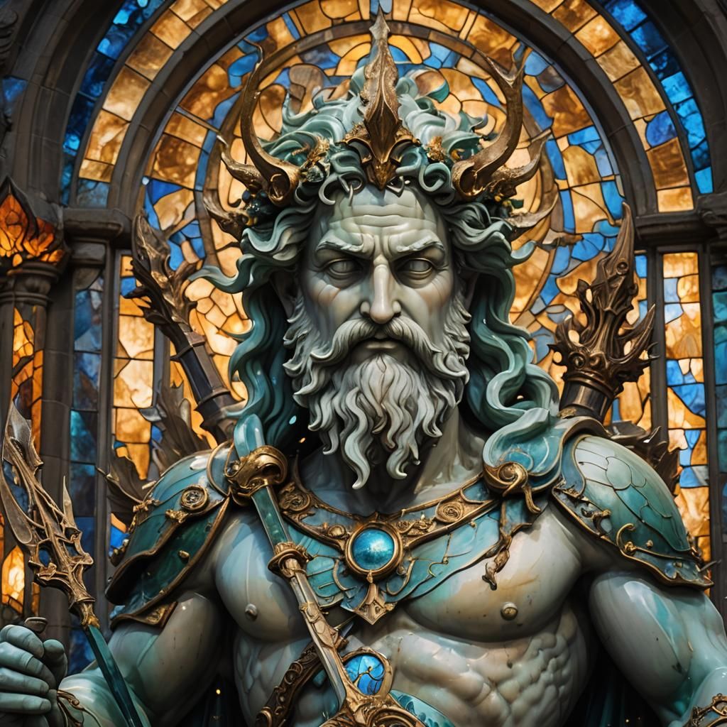 Neptune Statue at Night with Golden Light