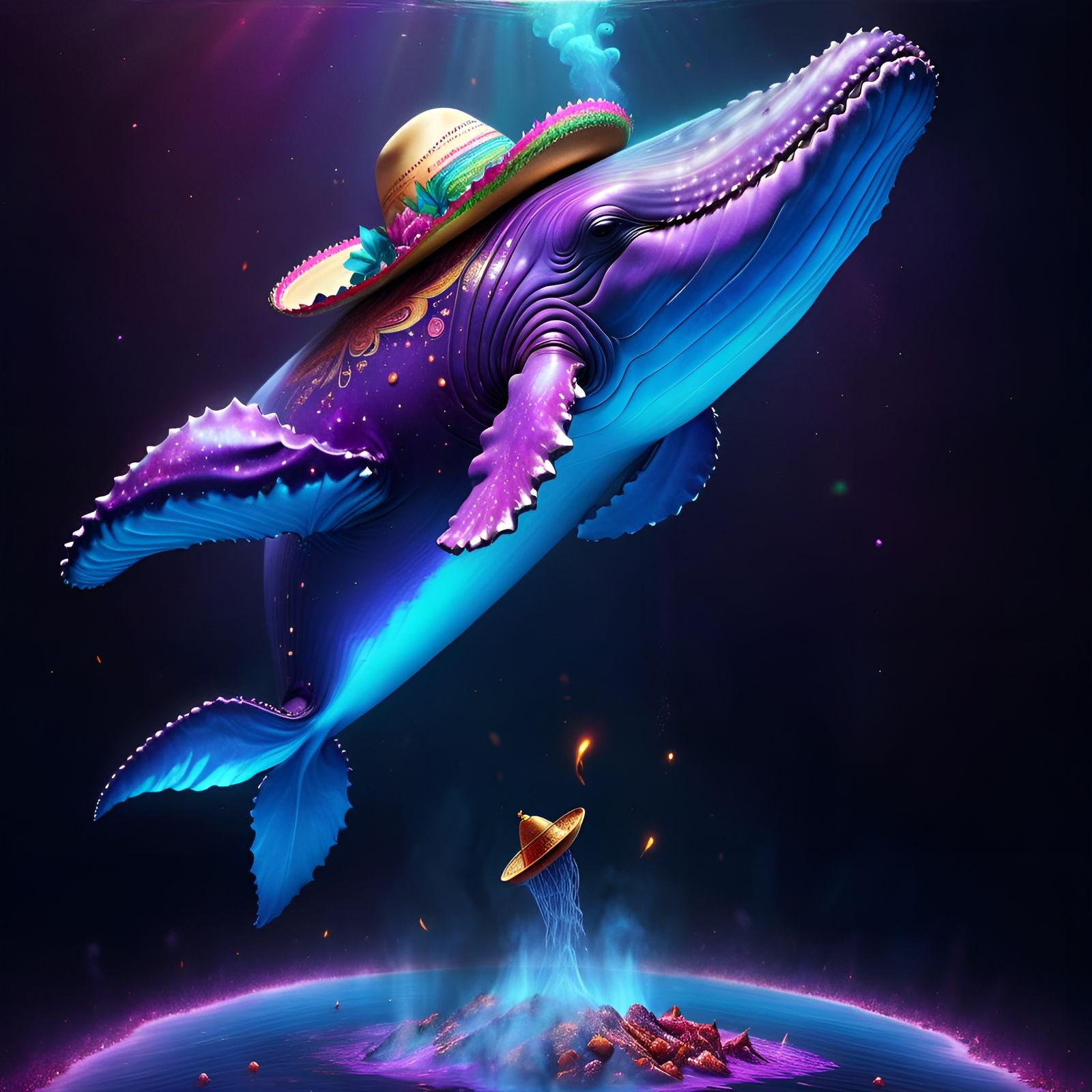 Cosmic Whale in Sombrero: Psychedelic Illustration