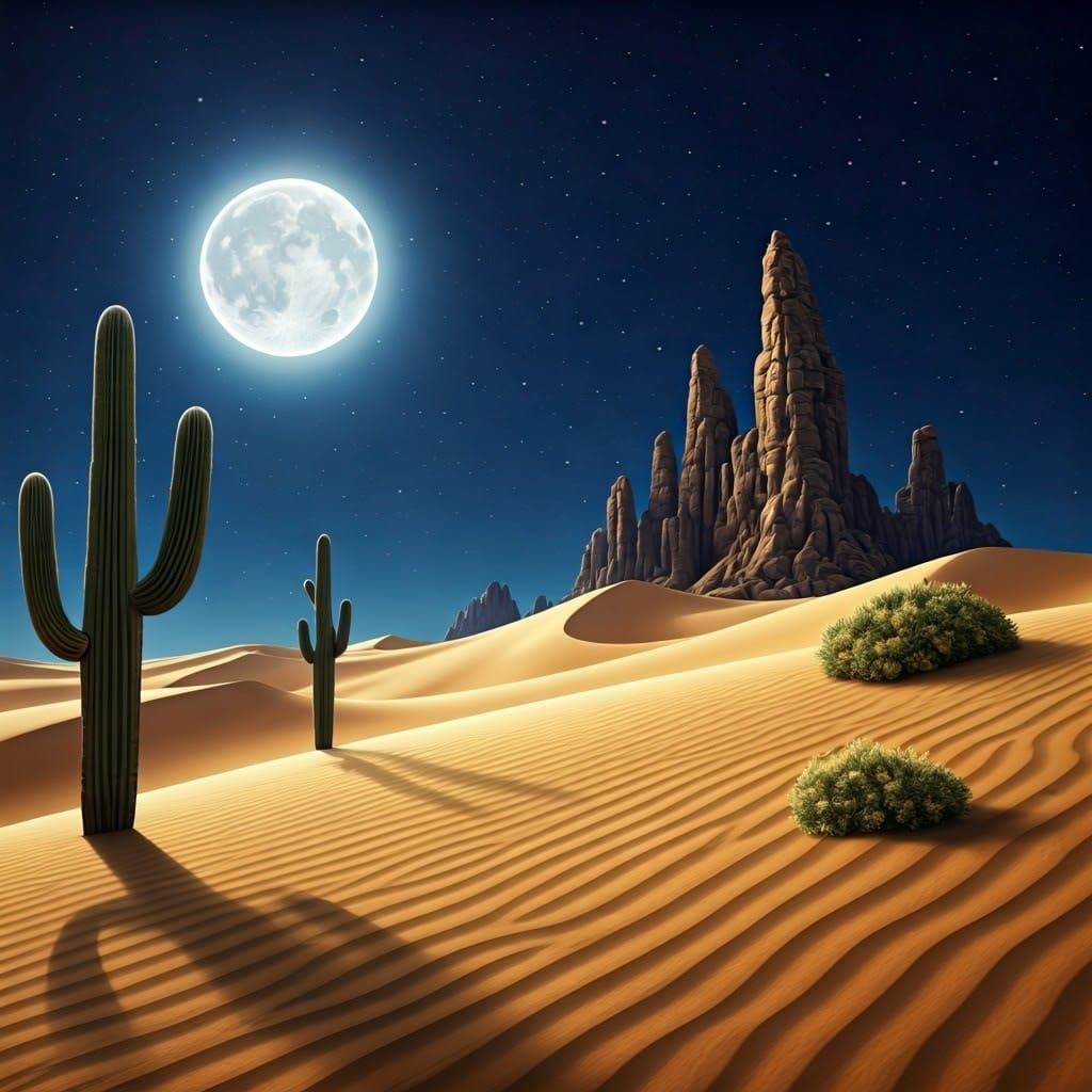 Moonlit Desert Landscape in Rothko and Beksinski Style