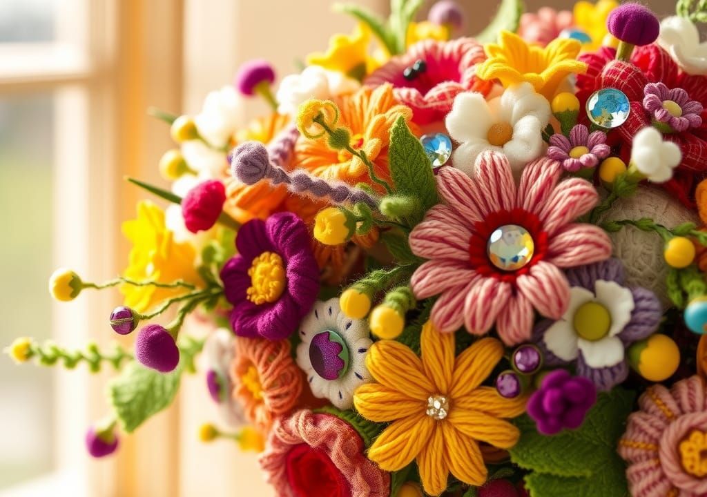 Intricate Yarn Bouquet with Rhinestones and Wildflowers