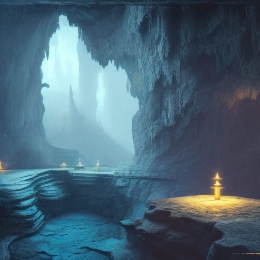 Blue Lit Cave Interior at Night: Detailed Matte Painting