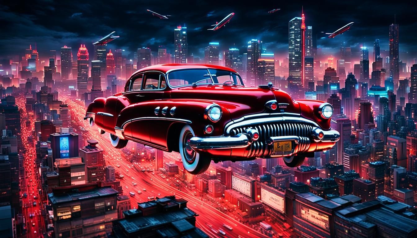 Cyberpunk Flying Car Over Tokyo at Night