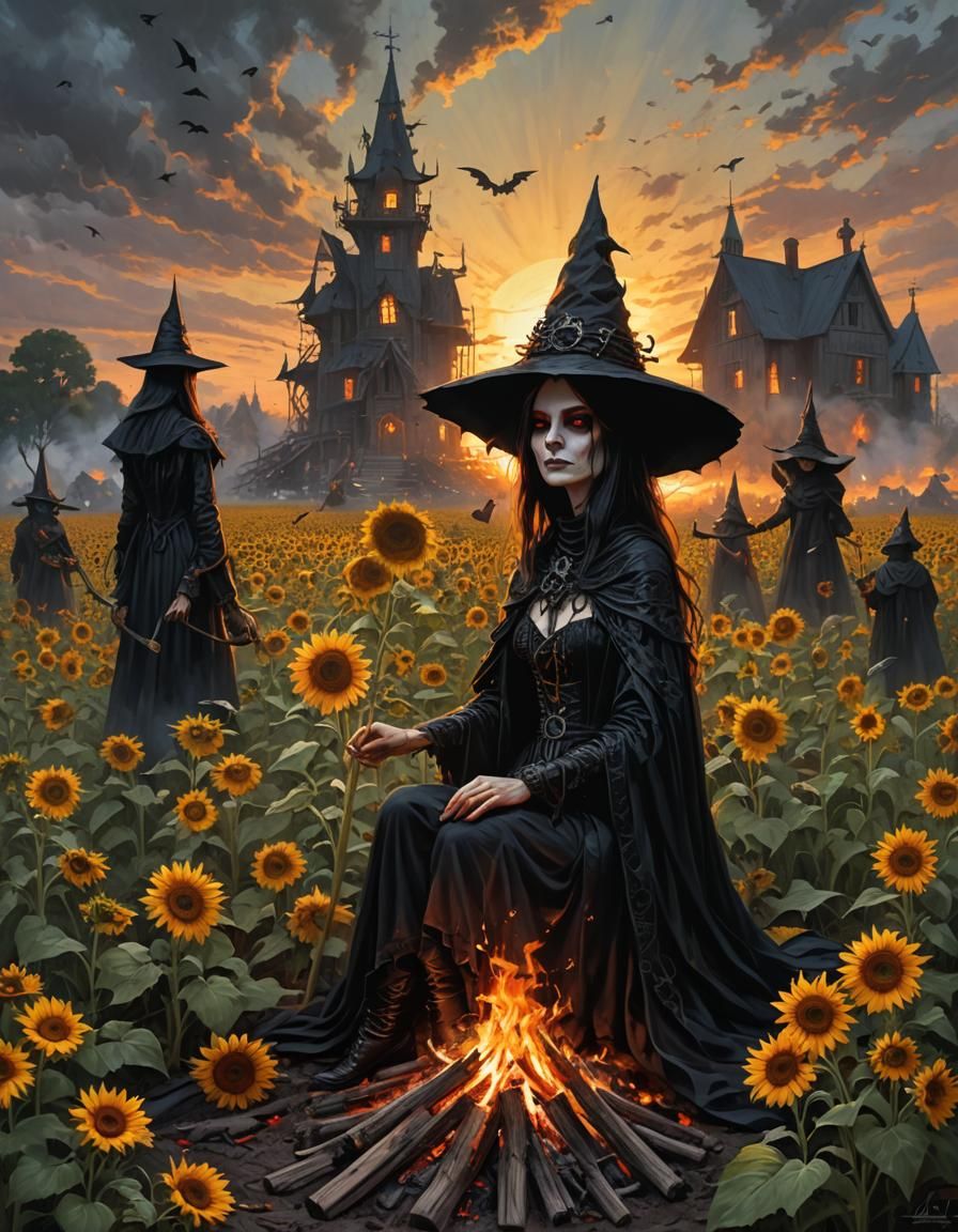 Gothic Witch at Summer Solstice Bonfire with Sunflowers