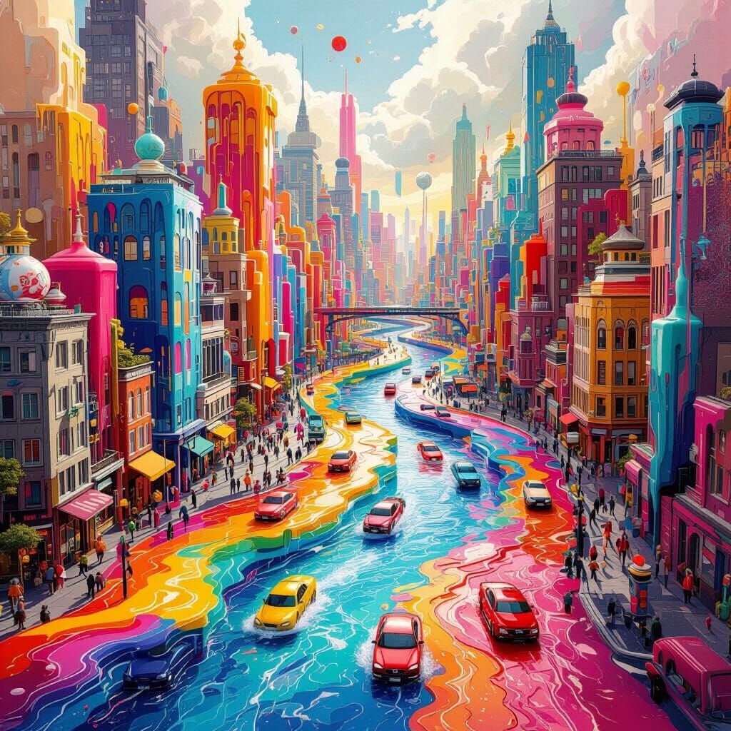 Surreal Liquid Cityscape with Colorful Fluid Rivers