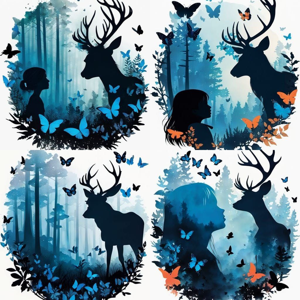 Girl's Forehead Silhouette with Forest and Butterflies