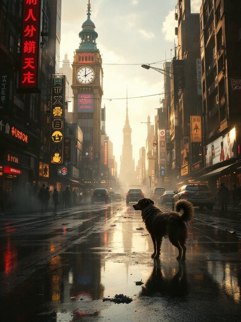 Heroic Dog Defies Time in Hyperreal Urban Glow