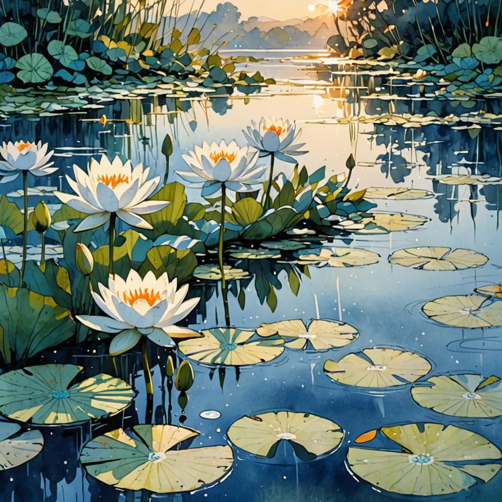 WHITE WATER LILLIES OVER LAKE at Sunrise