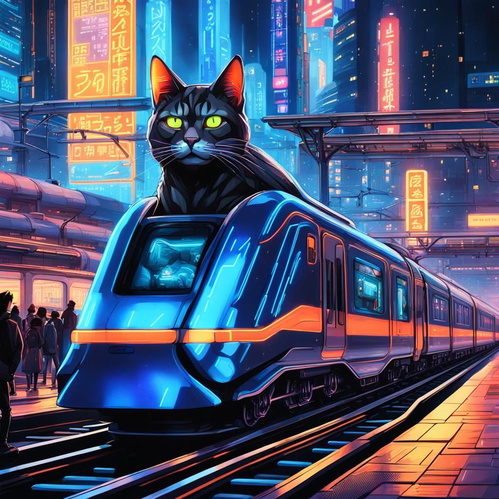 Cyberpunk Robotic Cat Train in Neon Tokyo
