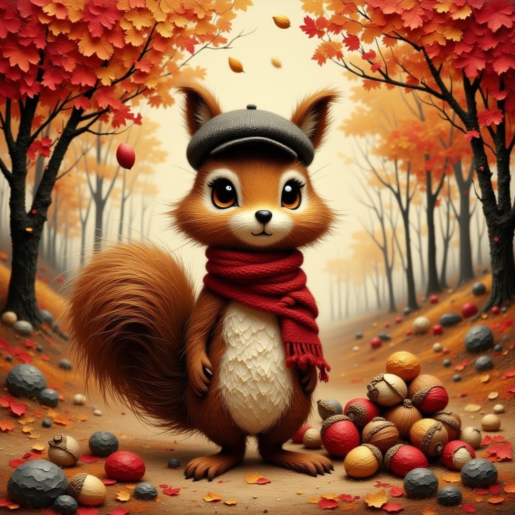 Whimsical Squirrel with Acorns in Autumn Yarn Style