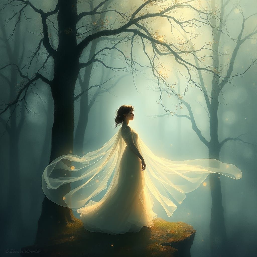 Ethereal Figure in Misty Forest: Dreamlike Illustration