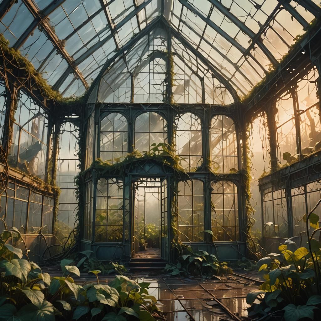 Surreal Greenhouse in Desolate Landscape, Vivid Oil Painting