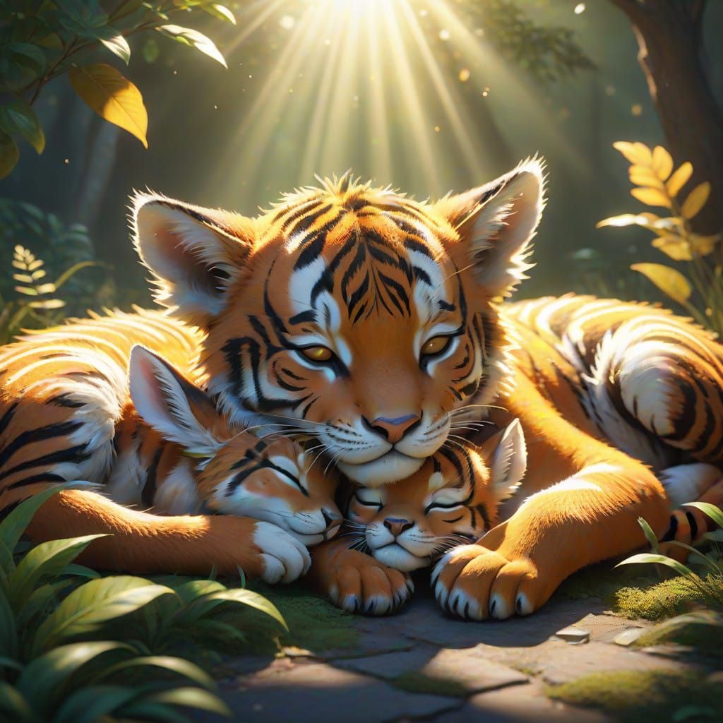 Serene Dreamscapes of Baby Tiger and Deer Basking in Golden...