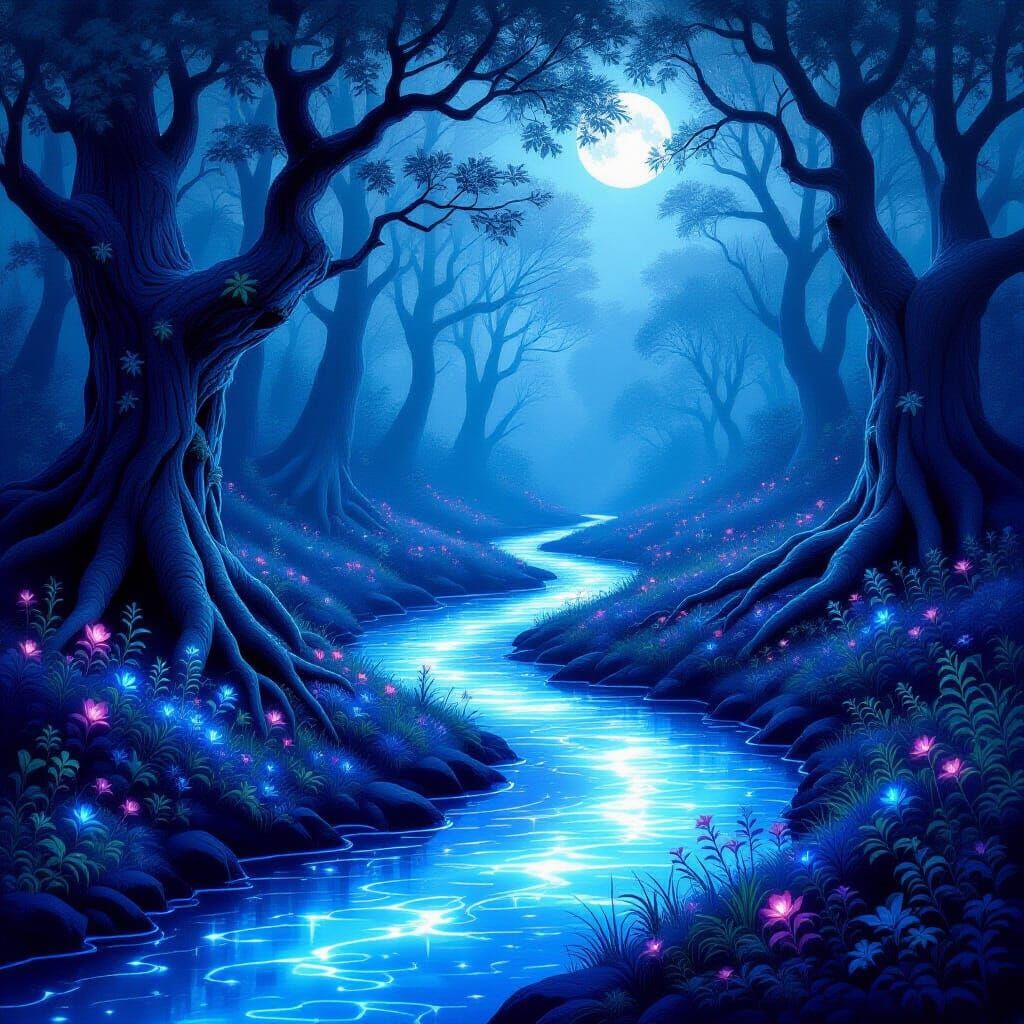 Ethereal Twilight Forest Stream with Luminescent Flora