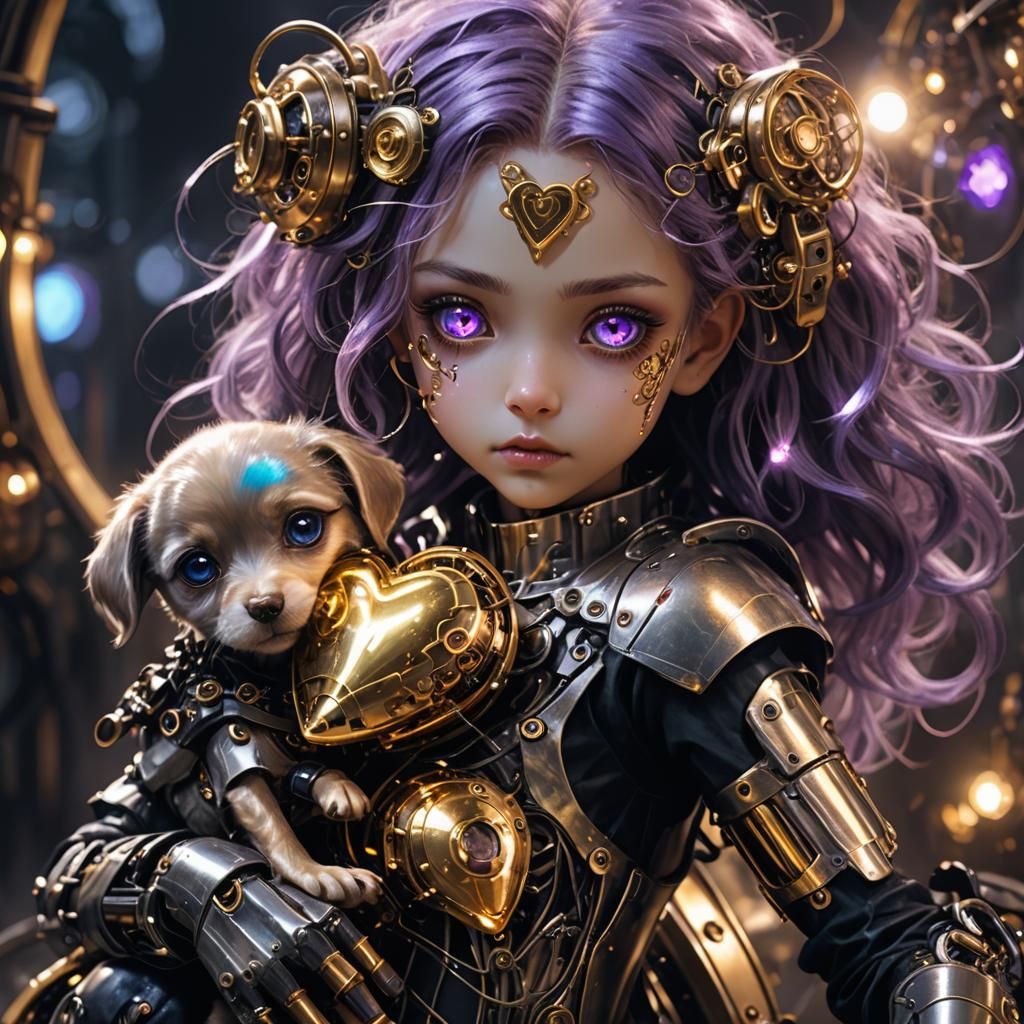 Cyborg Puppy Cradled by Steampunk Girl in Futuristic Style