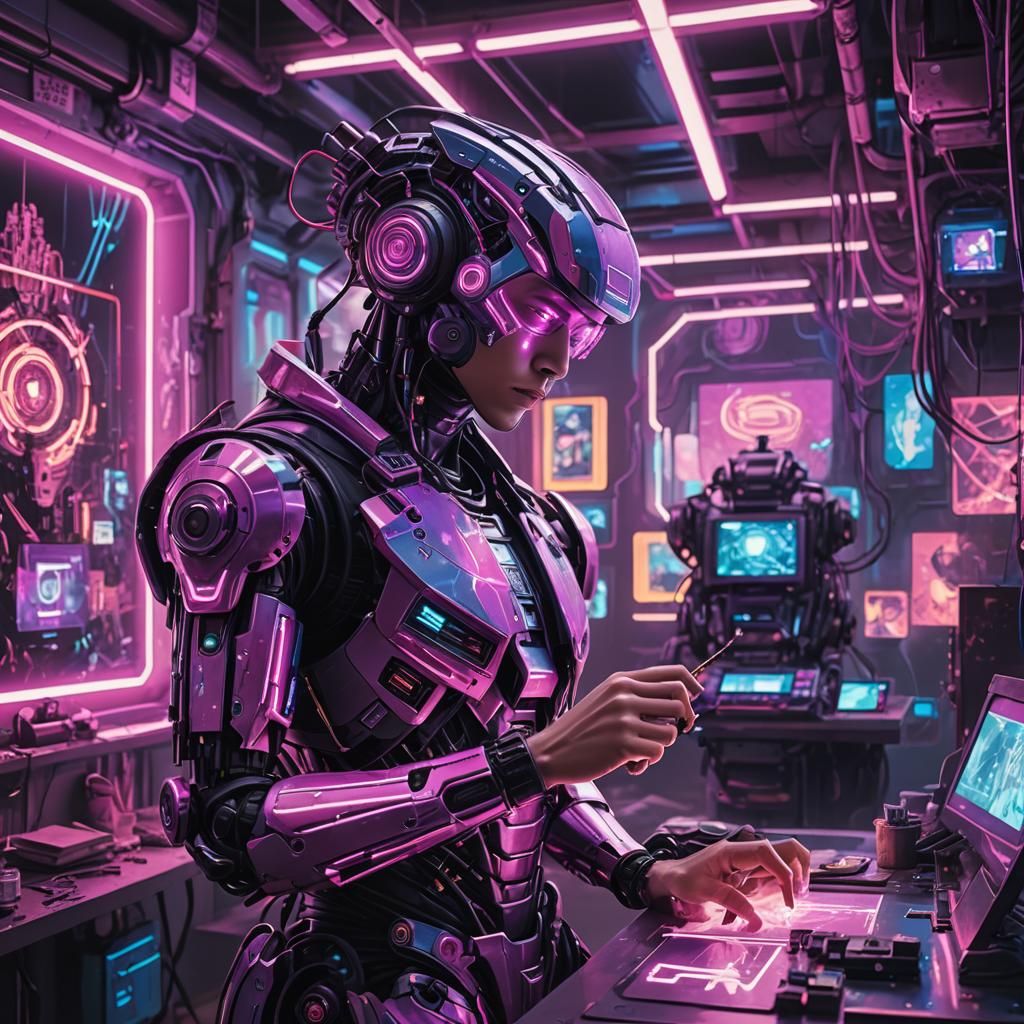 Robot Painter in Cyberpunk Sci-Fi Gallery