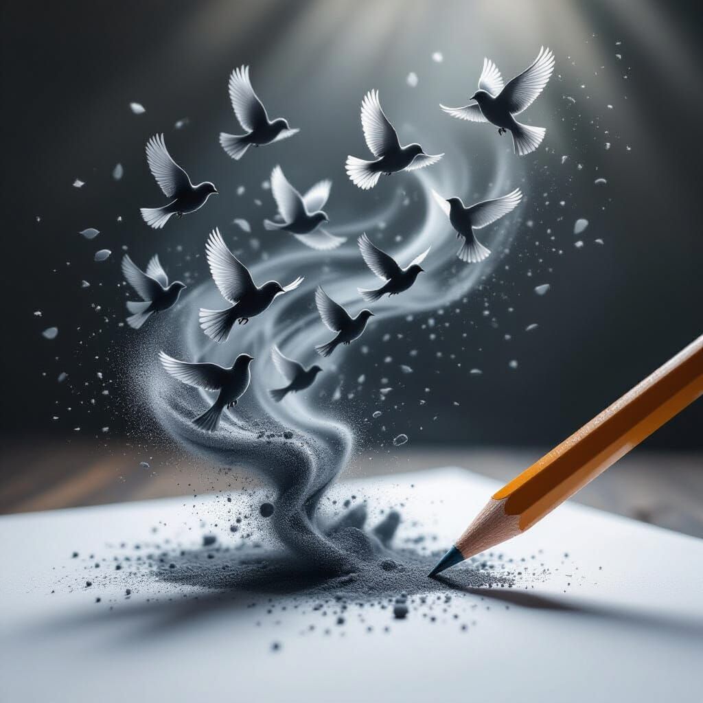 Pencil Transforms Into Graphite Birds Escaping Sketchpad