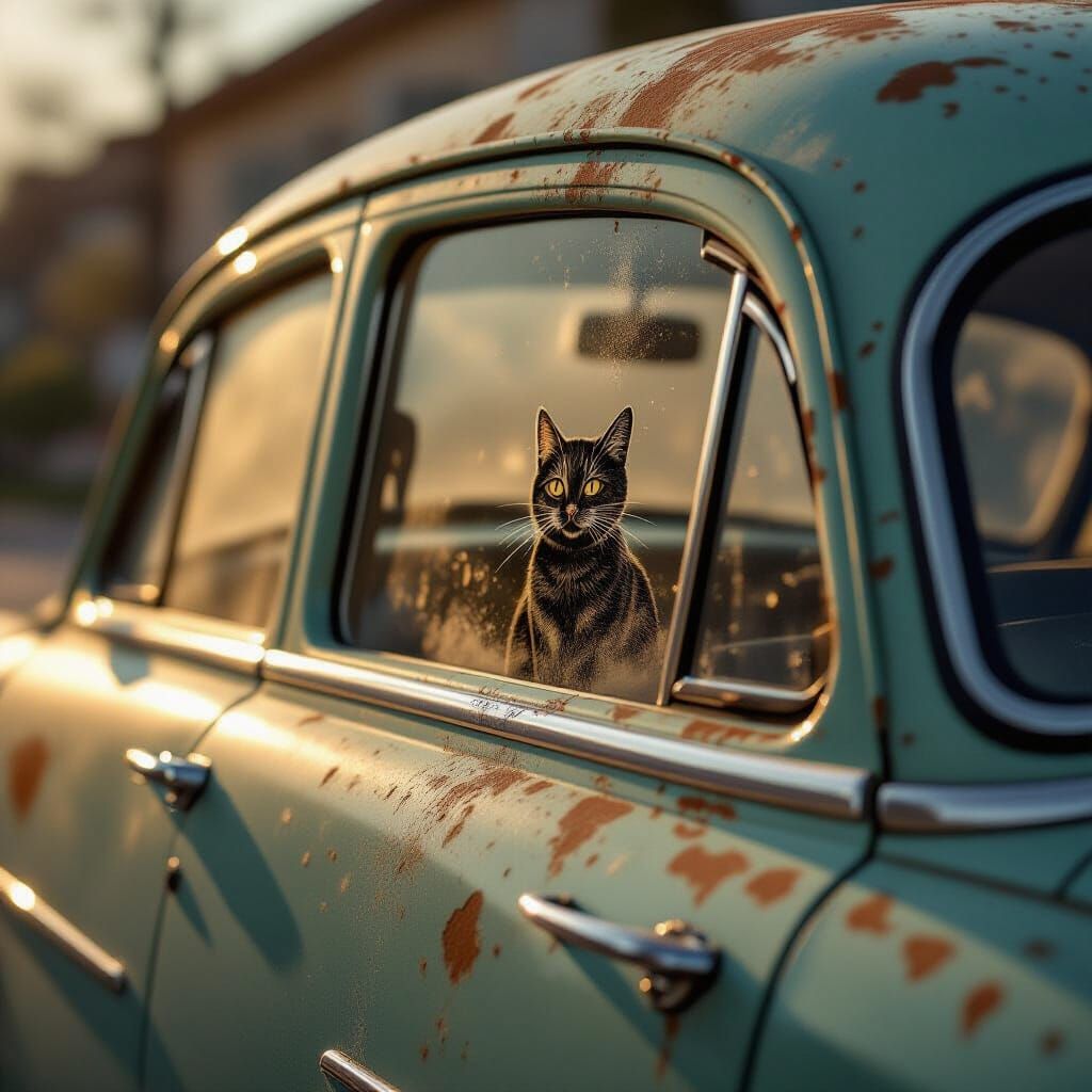 Vintage Car Window Features Finger-Drawn Cat in Dust