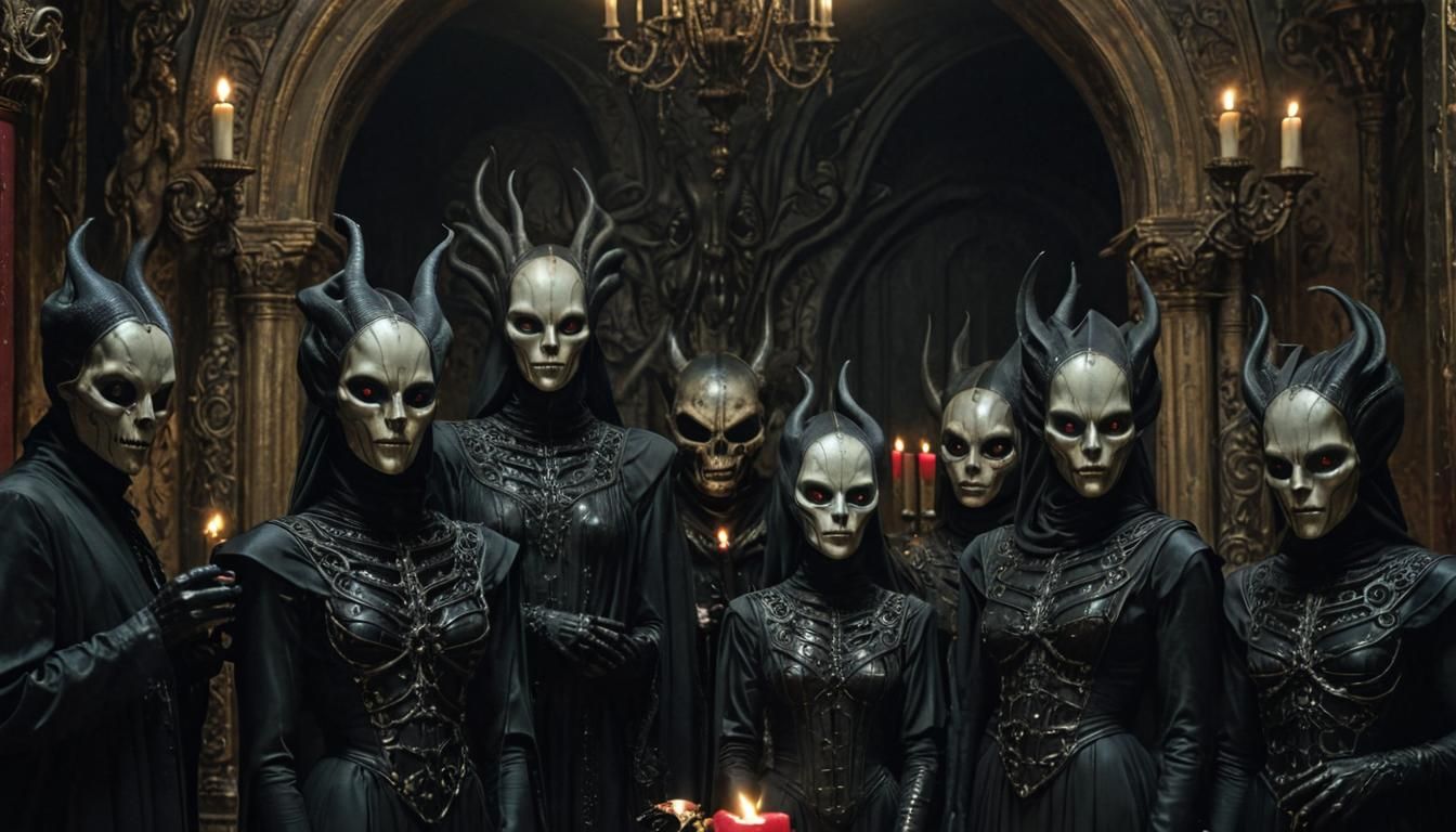 Gothic Surrealism: Masked Figures in Candlelight