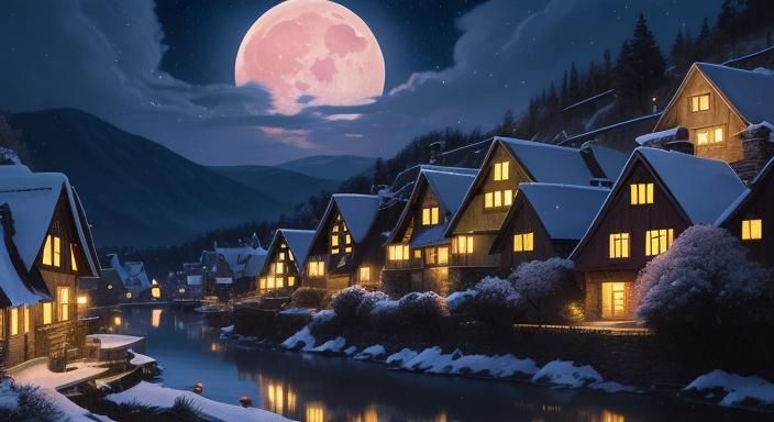 Picturesque Village at Night with Pink Moon
