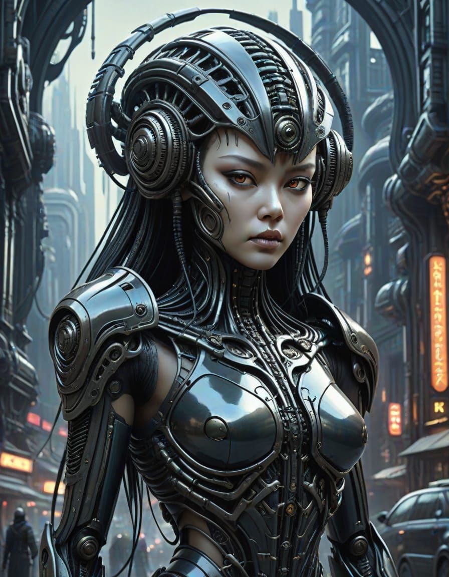 Biomechanical Asian Cyborg Queen in Dark Futuristic City