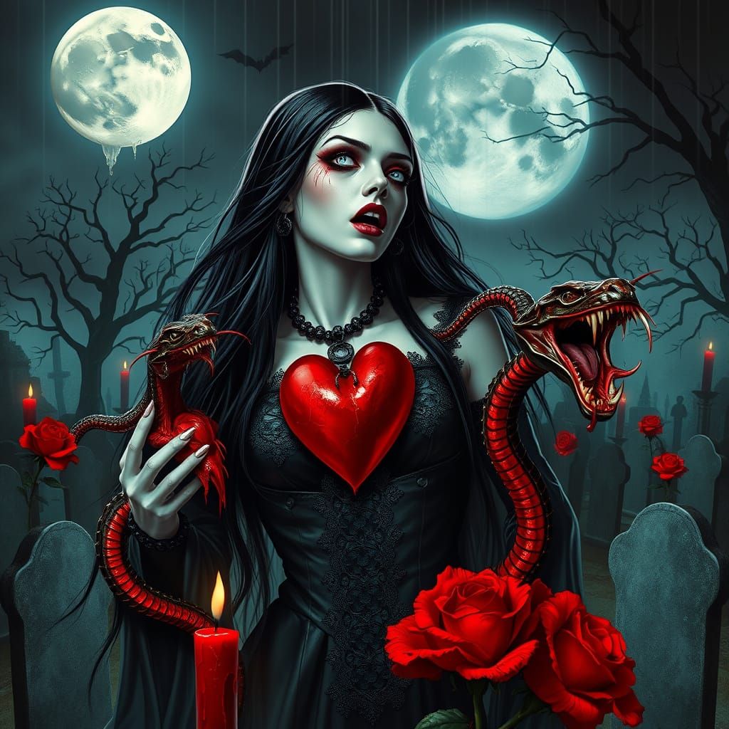 Vampire Goddess in Surreal Dark Noir Graveyard