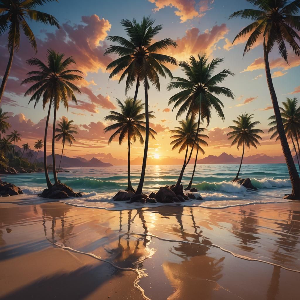 Hyperrealistic Beach Sunset with Palm Trees