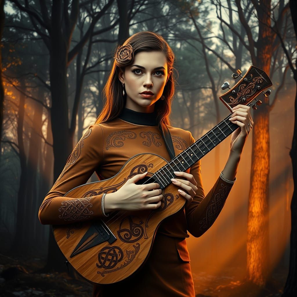 Ethereal Star Trek Warrior with Balalaika in Mystical Forest