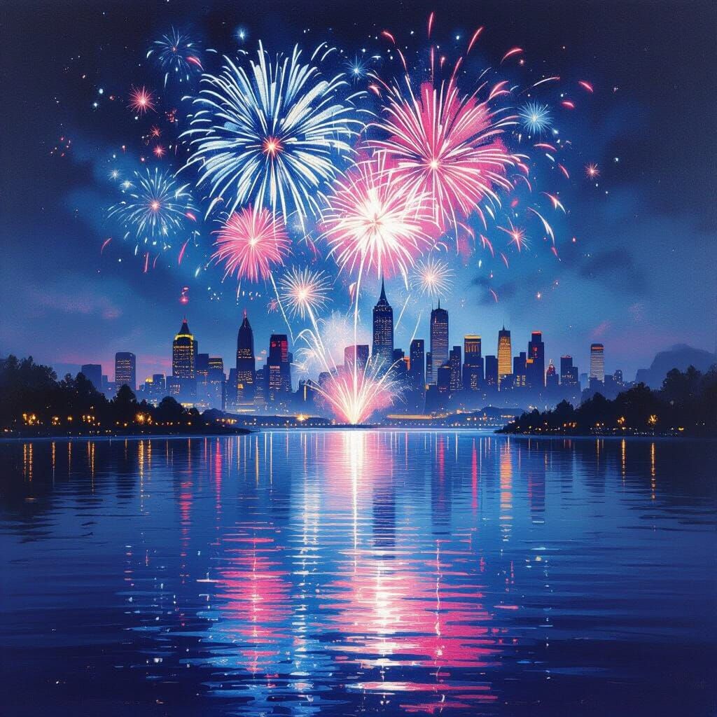 Moonlit Lake Reflects Vibrant Fireworks Over City