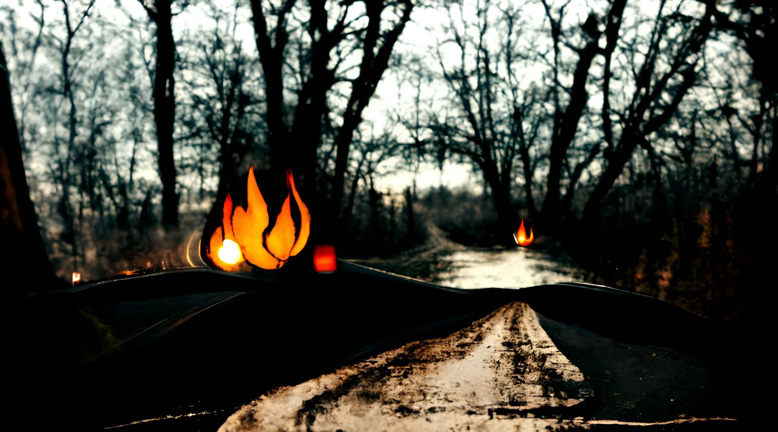 Surreal Crossroads: Dark Road or Warm Fire