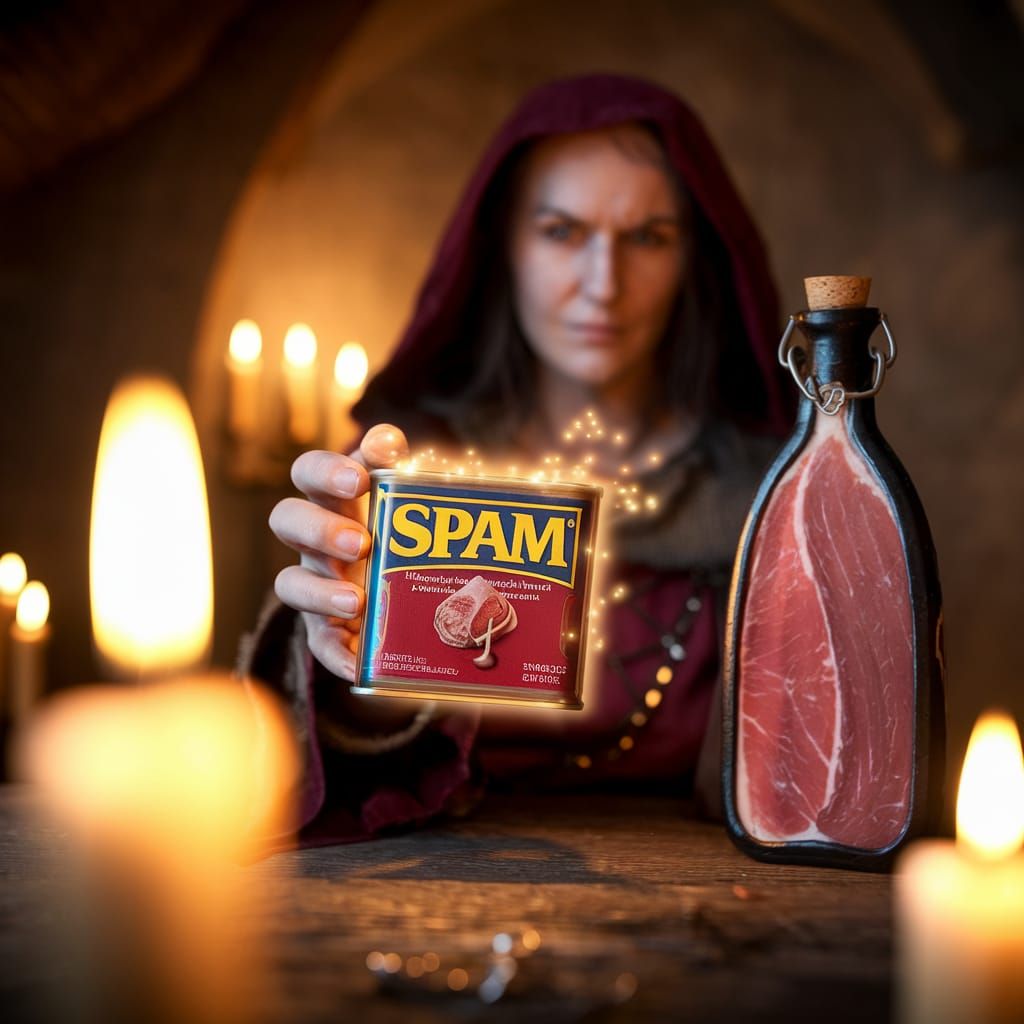 Medieval Sorceress Conjuring with Enchanted Spam