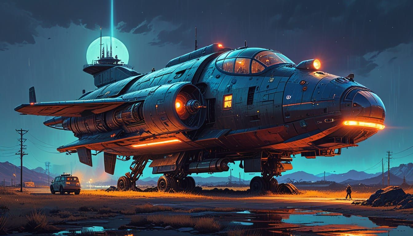 Mystic Spaceship Landing: Dieselpunk Oil Painting