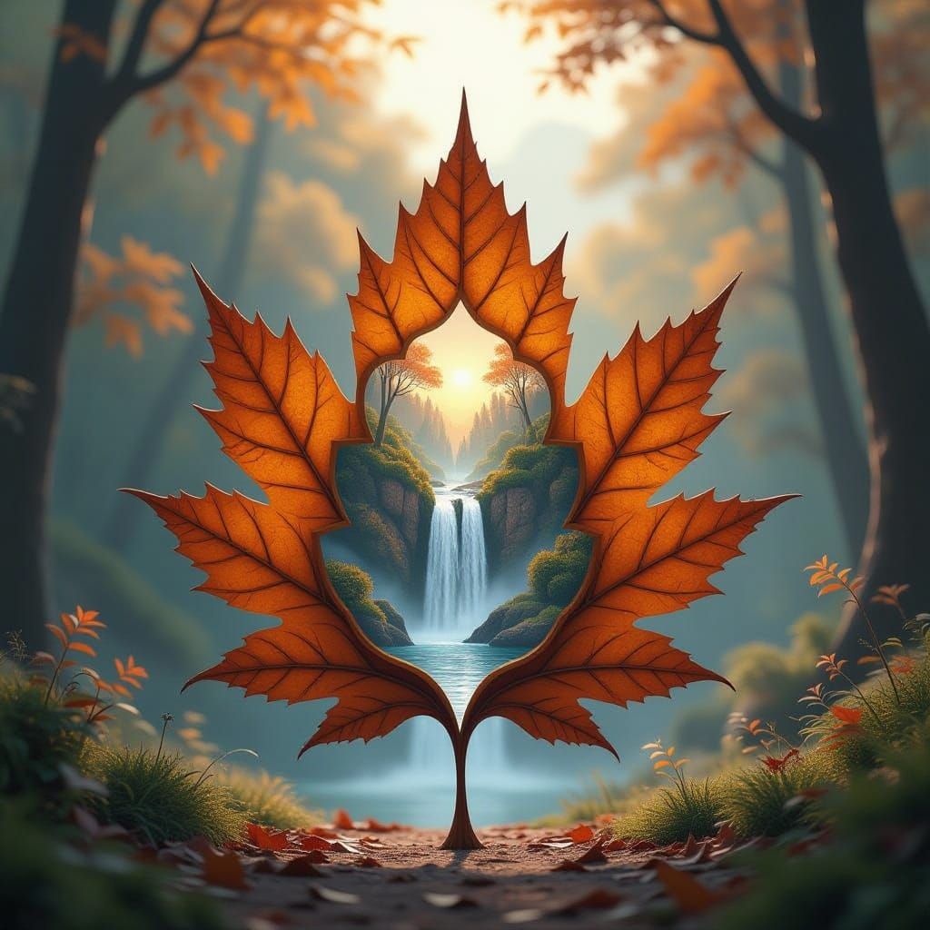 Giant Autumn Leaf Portal to Waterfall Landscape