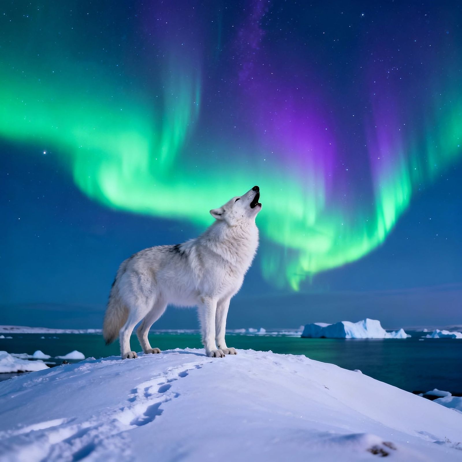 White Wolf Howls Under Aurora Borealis at North Pole