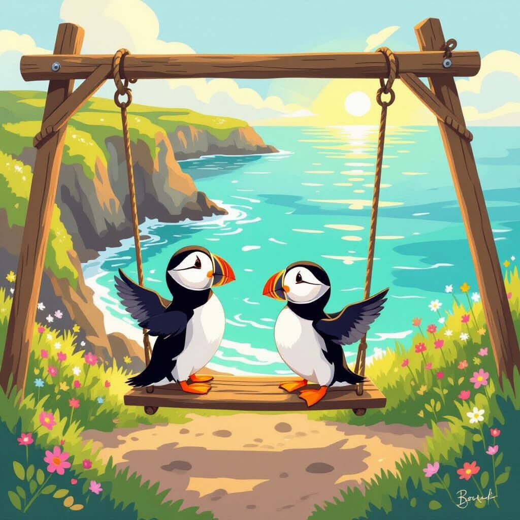 Adorable Puffins Swinging on a Clifftop Overlooking the Ocea...